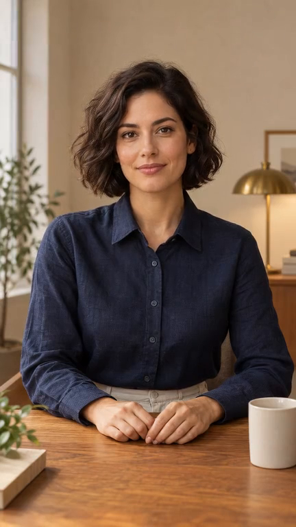 Fictional AI presenter in a softly lit studio